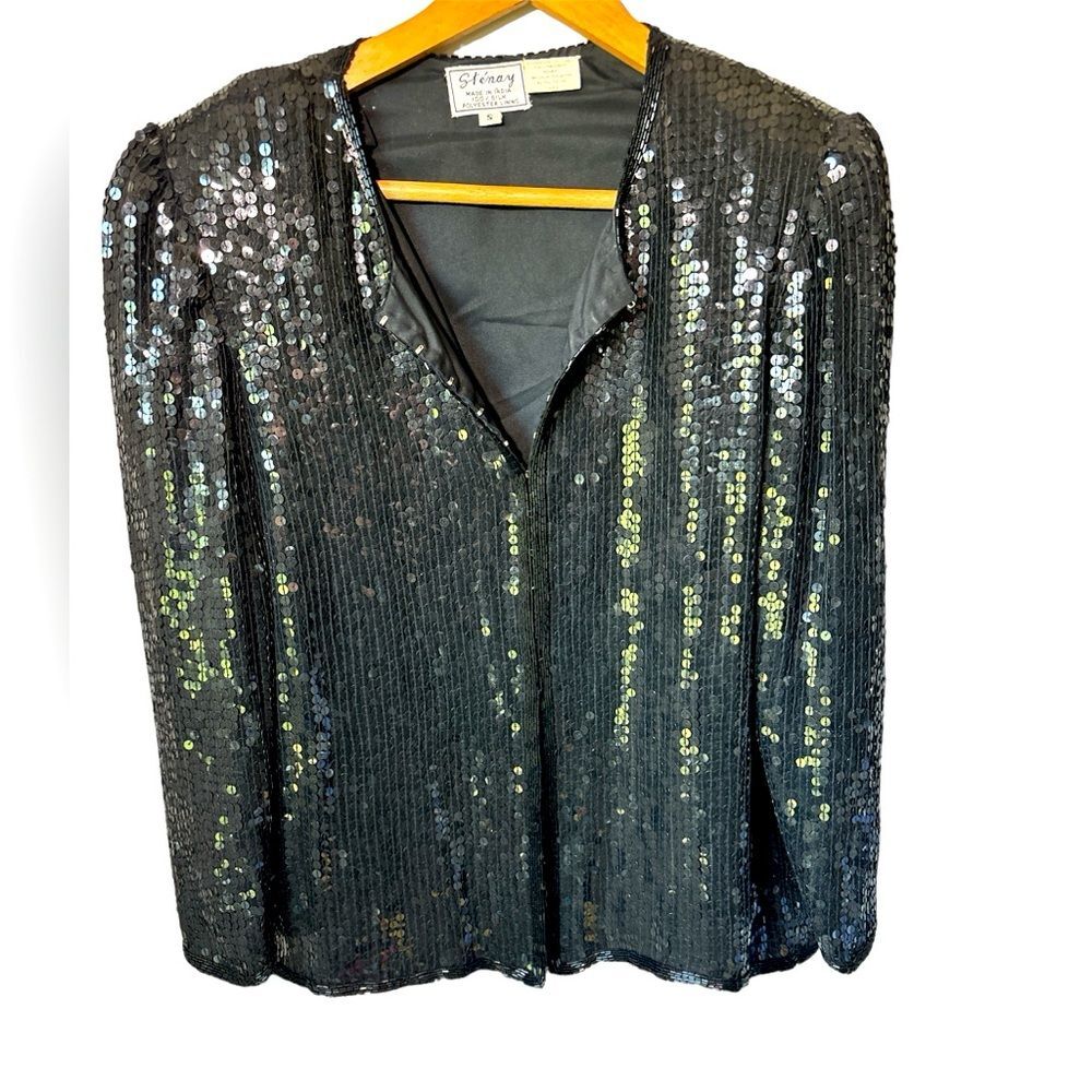 Vintage 90s Stenay Black Silk Beaded Jacket Blouse Small Evening Sequin Formal